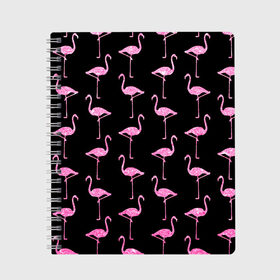 Тетрадь с принтом Фламинго | Чёрная в Тюмени, 100% бумага | 48 листов, плотность листов — 60 г/м2, плотность картонной обложки — 250 г/м2. Листы скреплены сбоку удобной пружинной спиралью. Уголки страниц и обложки скругленные. Цвет линий — светло-серый
 | birds | drawing | fashion | feathers | flamingo | graphics | illustration | pink | stand | style | wings | youth | графика | иллюстрация | картинка | клюв | красивые | крылья | мода | молодежная | перья | птицы | рисунок | розовый | стиль | стоят