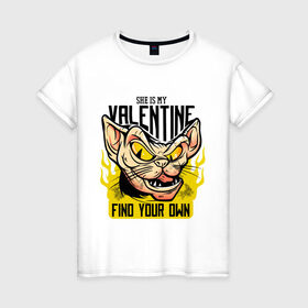 Женская футболка хлопок с принтом She Is My Valentine в Тюмени, 100% хлопок | прямой крой, круглый вырез горловины, длина до линии бедер, слегка спущенное плечо | art | cat | fire | love | valentine | valentines day | арт | валентинка | день влюбленных | день святого валентина | кот | любовь | огонь