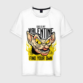 Мужская футболка хлопок с принтом She Is My Valentine в Тюмени, 100% хлопок | прямой крой, круглый вырез горловины, длина до линии бедер, слегка спущенное плечо. | art | cat | fire | love | valentine | valentines day | арт | валентинка | день влюбленных | день святого валентина | кот | любовь | огонь