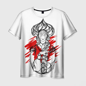 Мужская футболка 3D с принтом Девица в Тюмени, 100% полиэфир | прямой крой, круглый вырез горловины, длина до линии бедер | волосы | девица | девушка | кокошник | коса | красавица | красный | орнамент | полька | треш