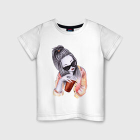 Детская футболка хлопок с принтом Девушка в Тюмени, 100% хлопок | круглый вырез горловины, полуприлегающий силуэт, длина до линии бедер | жить в кайф | иллюстрация | кофейня | очки