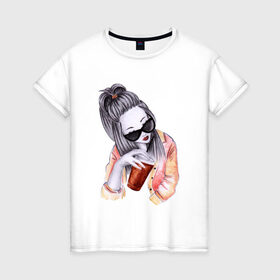 Женская футболка хлопок с принтом Девушка в Тюмени, 100% хлопок | прямой крой, круглый вырез горловины, длина до линии бедер, слегка спущенное плечо | жить в кайф | иллюстрация | кофейня | очки