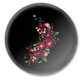 Значок с принтом цветы на черном фоне в Тюмени,  металл | круглая форма, металлическая застежка в виде булавки | Тематика изображения на принте: красивые цветы | цветы | черная футболка | яркие рисунки.