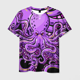 Мужская футболка 3D с принтом Кровожадный осьминог в Тюмени, 100% полиэфир | прямой крой, круглый вырез горловины, длина до линии бедер | Тематика изображения на принте: art | octopus | арт | глаза | голова | животные | красные | монстр | осьминог | щупальца