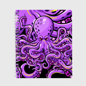 Тетрадь с принтом Кровожадный осьминог в Тюмени, 100% бумага | 48 листов, плотность листов — 60 г/м2, плотность картонной обложки — 250 г/м2. Листы скреплены сбоку удобной пружинной спиралью. Уголки страниц и обложки скругленные. Цвет линий — светло-серый
 | Тематика изображения на принте: art | octopus | арт | глаза | голова | животные | красные | монстр | осьминог | щупальца