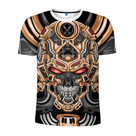 Мужская футболка 3D спортивная с принтом CyberSkull в Тюмени, 100% полиэстер с улучшенными характеристиками | приталенный силуэт, круглая горловина, широкие плечи, сужается к линии бедра | Тематика изображения на принте: cyberpunk | evil | head | mask | mechanical | rage | robot | skull | арт | гнев | голова | демон | дьявол | злой | киберпанк | маска | механический | монстр | робот | рога | самурай | череп