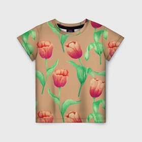 Детская футболка 3D с принтом Тюльпаны на бежевом фоне в Тюмени, 100% гипоаллергенный полиэфир | прямой крой, круглый вырез горловины, длина до линии бедер, чуть спущенное плечо, ткань немного тянется | 8 марта | flowers | march 8 | spring | ботаническая иллюстрация | весна | день рождения | зеленый | красный | лето | любовь | оранжевый | праздник | принт | природа | растения | тюльпаны | цветы