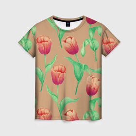 Женская футболка 3D с принтом Тюльпаны на бежевом фоне в Тюмени, 100% полиэфир ( синтетическое хлопкоподобное полотно) | прямой крой, круглый вырез горловины, длина до линии бедер | 8 марта | flowers | march 8 | spring | ботаническая иллюстрация | весна | день рождения | зеленый | красный | лето | любовь | оранжевый | праздник | принт | природа | растения | тюльпаны | цветы