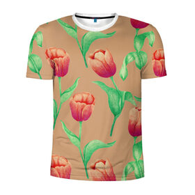 Мужская футболка 3D спортивная с принтом Тюльпаны на бежевом фоне в Тюмени, 100% полиэстер с улучшенными характеристиками | приталенный силуэт, круглая горловина, широкие плечи, сужается к линии бедра | Тематика изображения на принте: 8 марта | flowers | march 8 | spring | ботаническая иллюстрация | весна | день рождения | зеленый | красный | лето | любовь | оранжевый | праздник | принт | природа | растения | тюльпаны | цветы