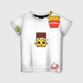 Детская футболка 3D с принтом Милая еда в Тюмени, 100% гипоаллергенный полиэфир | прямой крой, круглый вырез горловины, длина до линии бедер, чуть спущенное плечо, ткань немного тянется | авокадо | еда | единорог | картошка | милашки | шоколадка