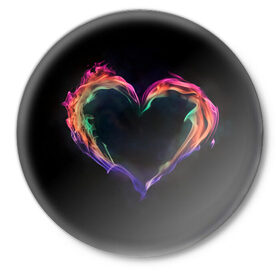 Значок с принтом пламенное сердце на черном в Тюмени,  металл | круглая форма, металлическая застежка в виде булавки | любовь | огонь | пламя | пылает | радужный огонь | сердечко | сердце | темный фон | чувства