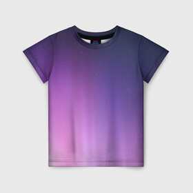 Детская футболка 3D с принтом северное сияние фиолетовый в Тюмени, 100% гипоаллергенный полиэфир | прямой крой, круглый вырез горловины, длина до линии бедер, чуть спущенное плечо, ткань немного тянется | Тематика изображения на принте: градиент | звезды | космос | небо | ночь | природа | пурпурный | север | северное сияние | сиреневый | фиолетовый