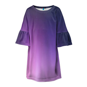Детское платье 3D с принтом северное сияние фиолетовый в Тюмени, 100% полиэстер | прямой силуэт, чуть расширенный к низу. Круглая горловина, на рукавах — воланы | Тематика изображения на принте: градиент | звезды | космос | небо | ночь | природа | пурпурный | север | северное сияние | сиреневый | фиолетовый