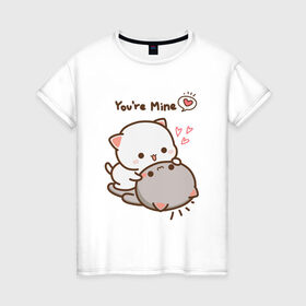 Женская футболка хлопок с принтом Влюблённые котята в Тюмени, 100% хлопок | прямой крой, круглый вырез горловины, длина до линии бедер, слегка спущенное плечо | киска | котёнок | котик | котики | кошка | любовь | минимализм | нежность | отношения | пара | романтика