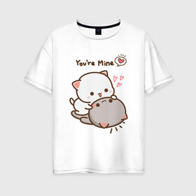 Женская футболка хлопок Oversize с принтом Влюблённые котята в Тюмени, 100% хлопок | свободный крой, круглый ворот, спущенный рукав, длина до линии бедер
 | киска | котёнок | котик | котики | кошка | любовь | минимализм | нежность | отношения | пара | романтика