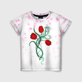 Детская футболка 3D с принтом Весенний вальс в Тюмени, 100% гипоаллергенный полиэфир | прямой крой, круглый вырез горловины, длина до линии бедер, чуть спущенное плечо, ткань немного тянется | Тематика изображения на принте: 8 марта | love | tulips | алые | бабушка | букет | бутоны | весна | девушке | дочь | жена | женщинам | красные цветы | лепестки | лето | листья | лучшая | любимая | любовь | мама | подарок | природа