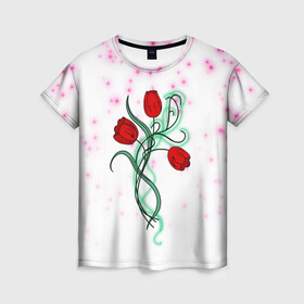 Женская футболка 3D с принтом Весенний вальс в Тюмени, 100% полиэфир ( синтетическое хлопкоподобное полотно) | прямой крой, круглый вырез горловины, длина до линии бедер | 8 марта | love | tulips | алые | бабушка | букет | бутоны | весна | девушке | дочь | жена | женщинам | красные цветы | лепестки | лето | листья | лучшая | любимая | любовь | мама | подарок | природа