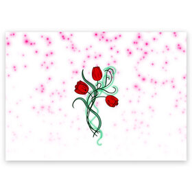 Поздравительная открытка с принтом Весенний вальс в Тюмени, 100% бумага | плотность бумаги 280 г/м2, матовая, на обратной стороне линовка и место для марки
 | 8 марта | love | tulips | алые | бабушка | букет | бутоны | весна | девушке | дочь | жена | женщинам | красные цветы | лепестки | лето | листья | лучшая | любимая | любовь | мама | подарок | природа