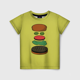 Детская футболка 3D с принтом Бургер в разборе в Тюмени, 100% гипоаллергенный полиэфир | прямой крой, круглый вырез горловины, длина до линии бедер, чуть спущенное плечо, ткань немного тянется | Тематика изображения на принте: fastfood | food | pattern | бургер | бургер кинг | гамбургер | еда | макдональдс | паттерн | фастфуд