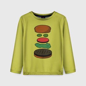 Детский лонгслив 3D с принтом Бургер в разборе в Тюмени, 100% полиэстер | длинные рукава, круглый вырез горловины, полуприлегающий силуэт
 | fastfood | food | pattern | бургер | бургер кинг | гамбургер | еда | макдональдс | паттерн | фастфуд