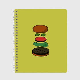 Тетрадь с принтом Бургер в разборе в Тюмени, 100% бумага | 48 листов, плотность листов — 60 г/м2, плотность картонной обложки — 250 г/м2. Листы скреплены сбоку удобной пружинной спиралью. Уголки страниц и обложки скругленные. Цвет линий — светло-серый
 | fastfood | food | pattern | бургер | бургер кинг | гамбургер | еда | макдональдс | паттерн | фастфуд