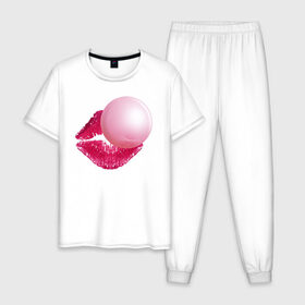 Мужская пижама хлопок с принтом BubbleGum Lips в Тюмени, 100% хлопок | брюки и футболка прямого кроя, без карманов, на брюках мягкая резинка на поясе и по низу штанин
 | bubble | bubblegum | day | gum | heart | kiss | lips | love | romantic | valentine | valentines | амур | валентина | влюбленные | влюбленных | всех | губы | день | жвачка | любовь | поцелуй | романтика | романтичность | святого | сердечк