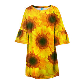 Детское платье 3D с принтом Принт подсолнухи желтый в Тюмени, 100% полиэстер | прямой силуэт, чуть расширенный к низу. Круглая горловина, на рукавах — воланы | Тематика изображения на принте: желтый | лето | подсолнухи | солнце | цветение | цветы