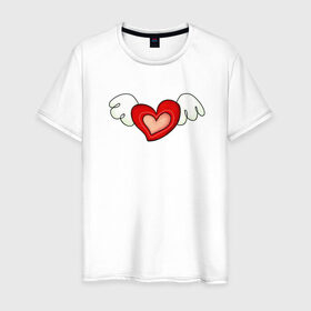 Мужская футболка хлопок с принтом Крылья Любви в Тюмени, 100% хлопок | прямой крой, круглый вырез горловины, длина до линии бедер, слегка спущенное плечо. | Тематика изображения на принте: 14 февраля | bear | cute | february 14 | heart | love | valentines day | ангелы | девушке | день влюбленных | день святого валентина | крылья | любовь | медвежонок | мило | милота | мишка | мишки | пара | парню | подарок