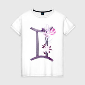 Женская футболка хлопок с принтом Близнецы в Тюмени, 100% хлопок | прямой крой, круглый вырез горловины, длина до линии бедер, слегка спущенное плечо | астрология | знаки зодиака | зодиак | созвездие | фиолетовый | цикл