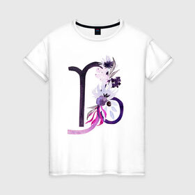 Женская футболка хлопок с принтом Козерог в Тюмени, 100% хлопок | прямой крой, круглый вырез горловины, длина до линии бедер, слегка спущенное плечо | астрология | знаки зодиака | зодиак | созвездие | фиолетовый | цикл