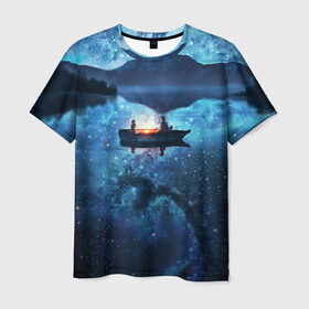 Мужская футболка 3D с принтом пара на лодке на озере ночью в Тюмени, 100% полиэфир | прямой крой, круглый вырез горловины, длина до линии бедер | аниме | вдвоем | вместе | горы | двое | звезды | лодка | небо | ночь | озеро | пара | прогулка | река | рисунок | романтика | свидание