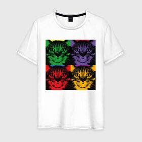 Мужская футболка хлопок с принтом Коты в Тюмени, 100% хлопок | прямой крой, круглый вырез горловины, длина до линии бедер, слегка спущенное плечо. | cat | popcat | кот | котик | кошка | кошки | разноцветные коты | смешные коты