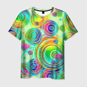 Мужская футболка 3D с принтом Радужные спирали позитив в Тюмени, 100% полиэфир | прямой крой, круглый вырез горловины, длина до линии бедер | абстракция | арт | веселье | весна | геометрия | градиент | дудл | дудлинг | завитушки | завихрюшки | каляки | капли | краски | креатив | круги | окружности | позитив | радуга | рисунок | спирали
