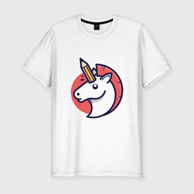 Мужская футболка хлопок Slim с принтом Единорог с карандашом в Тюмени, 92% хлопок, 8% лайкра | приталенный силуэт, круглый вырез ворота, длина до линии бедра, короткий рукав | horse | pegasus | pencil | unicorn | единорог | карандаш | конь | лошадь | пегас
