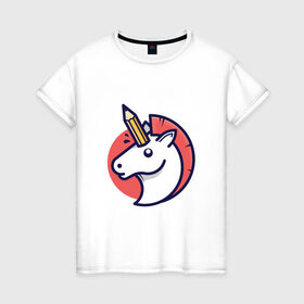 Женская футболка хлопок с принтом Единорог с карандашом в Тюмени, 100% хлопок | прямой крой, круглый вырез горловины, длина до линии бедер, слегка спущенное плечо | horse | pegasus | pencil | unicorn | единорог | карандаш | конь | лошадь | пегас