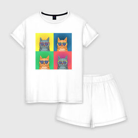 Женская пижама с шортиками хлопок с принтом Pop Cat в Тюмени, 100% хлопок | футболка прямого кроя, шорты свободные с широкой мягкой резинкой | art | cat | colorful | mem | meme | memes | music | pop | rainbow | retro | style | арт | буп | кот | котенок | котик | котэ | краски | красочный | мем | мемы | музыка | ретро