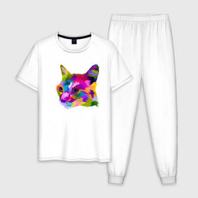Мужская пижама хлопок с принтом Pop Cat в Тюмени, 100% хлопок | брюки и футболка прямого кроя, без карманов, на брюках мягкая резинка на поясе и по низу штанин
 | art | cat | colorful | mem | meme | memes | music | pop | rainbow | retro | style | арт | буп | кот | котенок | котик | котэ | краски | красочный | мем | мемы | музыка | ретро