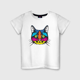 Детская футболка хлопок с принтом Pop Cat в Тюмени, 100% хлопок | круглый вырез горловины, полуприлегающий силуэт, длина до линии бедер | art | cat | colorful | mem | meme | memes | music | pop | rainbow | retro | style | арт | буп | кот | котенок | котик | котэ | краски | красочный | мем | мемы | музыка | ретро