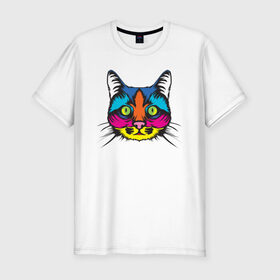 Мужская футболка хлопок Slim с принтом Pop Cat в Тюмени, 92% хлопок, 8% лайкра | приталенный силуэт, круглый вырез ворота, длина до линии бедра, короткий рукав | art | cat | colorful | mem | meme | memes | music | pop | rainbow | retro | style | арт | буп | кот | котенок | котик | котэ | краски | красочный | мем | мемы | музыка | ретро