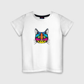 Детская футболка хлопок с принтом Pop art Cat в Тюмени, 100% хлопок | круглый вырез горловины, полуприлегающий силуэт, длина до линии бедер | art | cat | colors | paints | pop | riot | арт | буйство | буп | кот | кошка | краски | поп