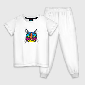 Детская пижама хлопок с принтом Pop art Cat в Тюмени, 100% хлопок |  брюки и футболка прямого кроя, без карманов, на брюках мягкая резинка на поясе и по низу штанин
 | Тематика изображения на принте: art | cat | colors | paints | pop | riot | арт | буйство | буп | кот | кошка | краски | поп