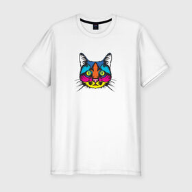 Мужская футболка хлопок Slim с принтом Pop art Cat в Тюмени, 92% хлопок, 8% лайкра | приталенный силуэт, круглый вырез ворота, длина до линии бедра, короткий рукав | art | cat | colors | paints | pop | riot | арт | буйство | буп | кот | кошка | краски | поп