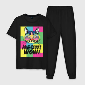 Мужская пижама хлопок с принтом Pop Cat | Meow Wow! в Тюмени, 100% хлопок | брюки и футболка прямого кроя, без карманов, на брюках мягкая резинка на поясе и по низу штанин
 | Тематика изображения на принте: cat | kitty | meow | popcat | wow | кот | кошка | мяв | мяу | поп кет | поп кошка