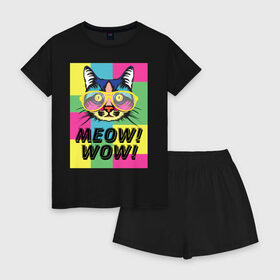 Женская пижама с шортиками хлопок с принтом Pop Cat | Meow Wow! в Тюмени, 100% хлопок | футболка прямого кроя, шорты свободные с широкой мягкой резинкой | cat | kitty | meow | popcat | wow | кот | кошка | мяв | мяу | поп кет | поп кошка