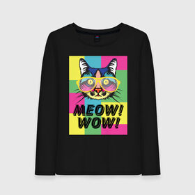 Женский лонгслив хлопок с принтом Pop Cat | Meow Wow! в Тюмени, 100% хлопок |  | cat | kitty | meow | popcat | wow | кот | кошка | мяв | мяу | поп кет | поп кошка