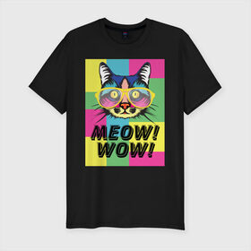 Мужская футболка хлопок Slim с принтом Pop Cat | Meow Wow! в Тюмени, 92% хлопок, 8% лайкра | приталенный силуэт, круглый вырез ворота, длина до линии бедра, короткий рукав | Тематика изображения на принте: cat | kitty | meow | popcat | wow | кот | кошка | мяв | мяу | поп кет | поп кошка