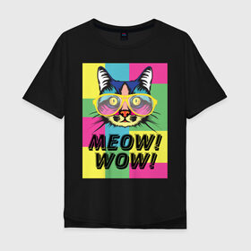 Мужская футболка хлопок Oversize с принтом Pop Cat | Meow Wow! в Тюмени, 100% хлопок | свободный крой, круглый ворот, “спинка” длиннее передней части | cat | kitty | meow | popcat | wow | кот | кошка | мяв | мяу | поп кет | поп кошка