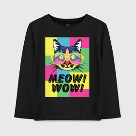 Детский лонгслив хлопок с принтом Pop Cat Meow Wow! в Тюмени, 100% хлопок | круглый вырез горловины, полуприлегающий силуэт, длина до линии бедер | cat | kitty | meow | popcat | wow | кот | кошка | мяв | мяу | поп кет | поп кошка