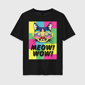 Женская футболка хлопок Oversize с принтом Pop Cat | Meow Wow! в Тюмени, 100% хлопок | свободный крой, круглый ворот, спущенный рукав, длина до линии бедер
 | cat | kitty | meow | popcat | wow | кот | кошка | мяв | мяу | поп кет | поп кошка