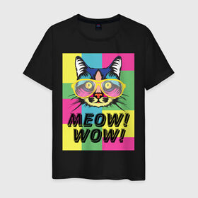 Мужская футболка хлопок с принтом Pop Cat | Meow Wow! в Тюмени, 100% хлопок | прямой крой, круглый вырез горловины, длина до линии бедер, слегка спущенное плечо. | cat | kitty | meow | popcat | wow | кот | кошка | мяв | мяу | поп кет | поп кошка